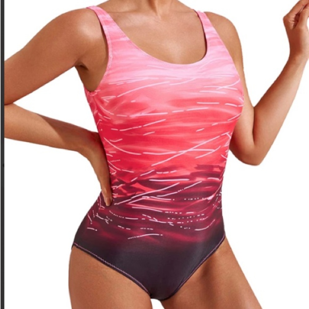 Pink Black Gradient Ombre Back Criss Cross Detail One Piece Swimsuit Size Medium